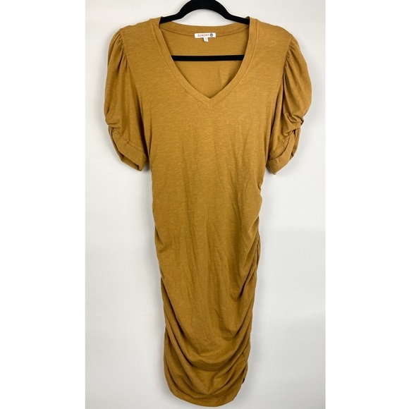 Anthropologie‎ Sundry Puff Sleeve Ruched Bodycon Tee Dress, Mustard - Size 0 - Picture 2 of 9